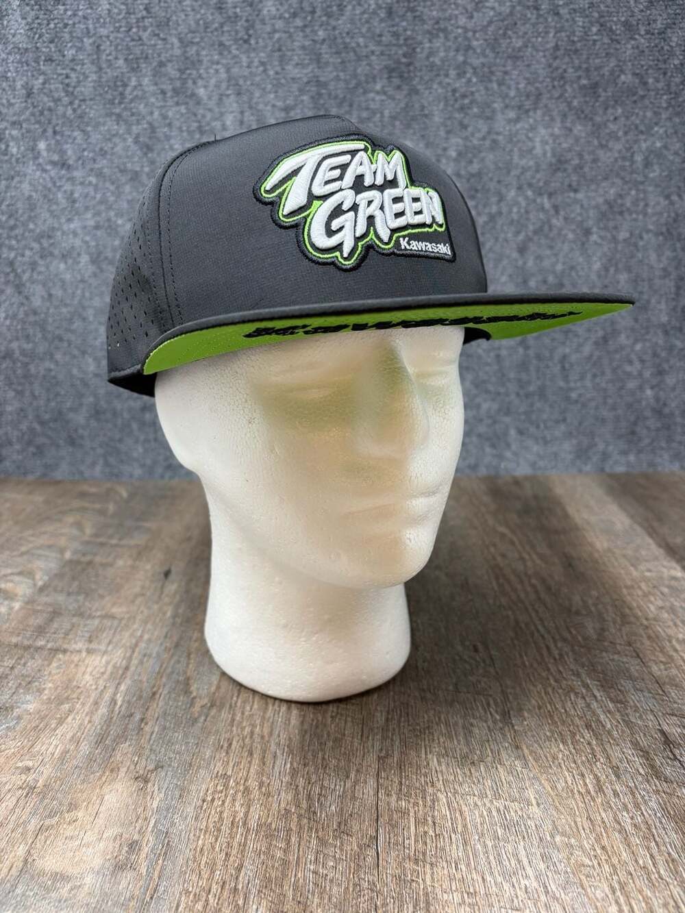 Kawasaki Racing Team Flat Bill Cap Snapback Hat Embroidered Logo Black Green